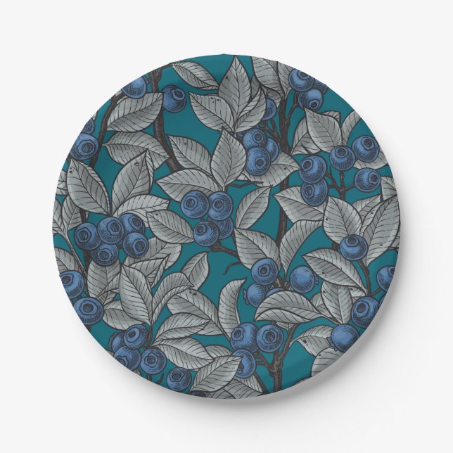 Blueberry garden, blue and grey paper plate (Front)