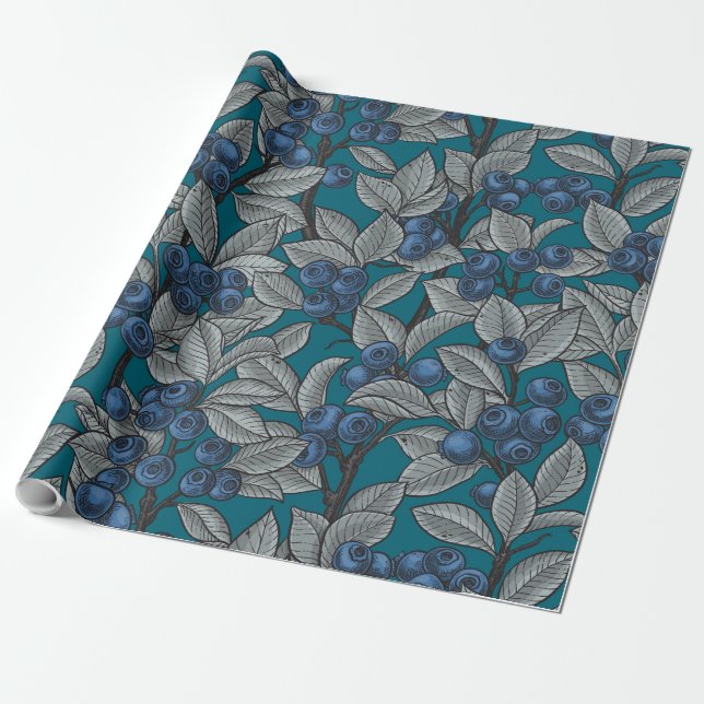 Blueberry garden, blue and grey wrapping paper (Unrolled)