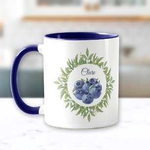 Blueberry Greenery Name Elegant Blue Mug