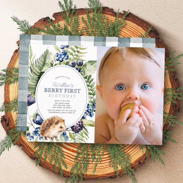 Blueberry Hedgehog Berry First 1st Birthday Photo Invitation (Creator Uploaded)