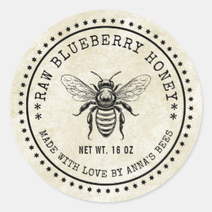 Blueberry honey label with bee and vintage feel