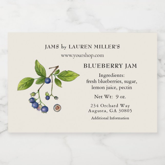 Blueberry Jam Label with Ingredient list (Single Label)
