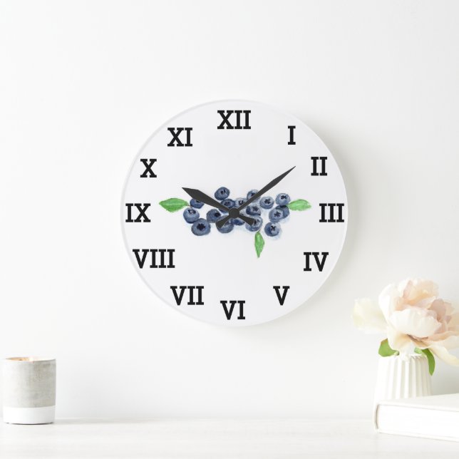 Blueberry Kitchen Fruit Summer Watercolor Food  Large Clock (Home)