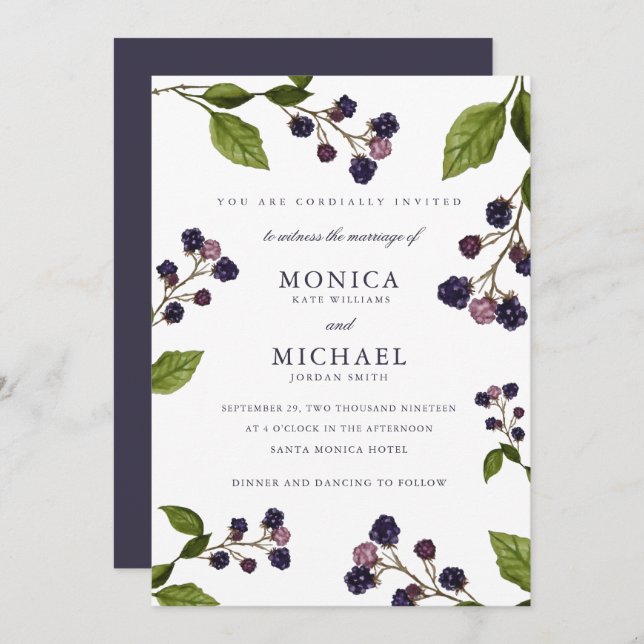 Blueberry Modern botanical wedding Invitation (Front/Back)