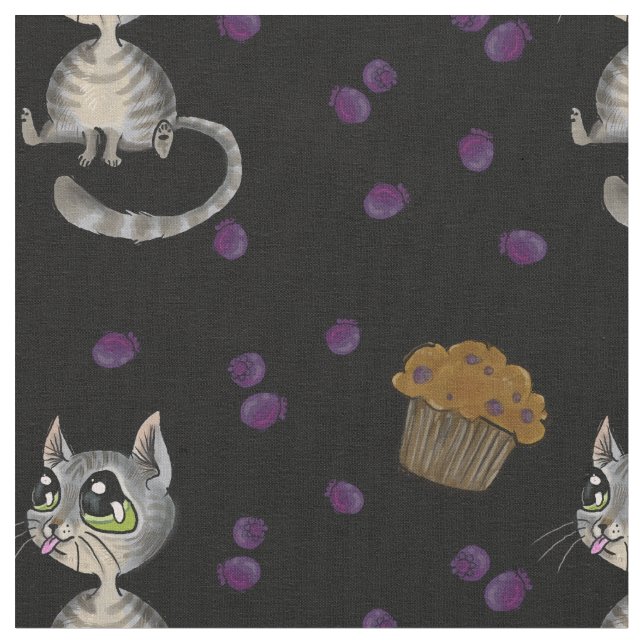 Blueberry Muffin Bloop Kitty Pattern Dark Fabric (Close Up)