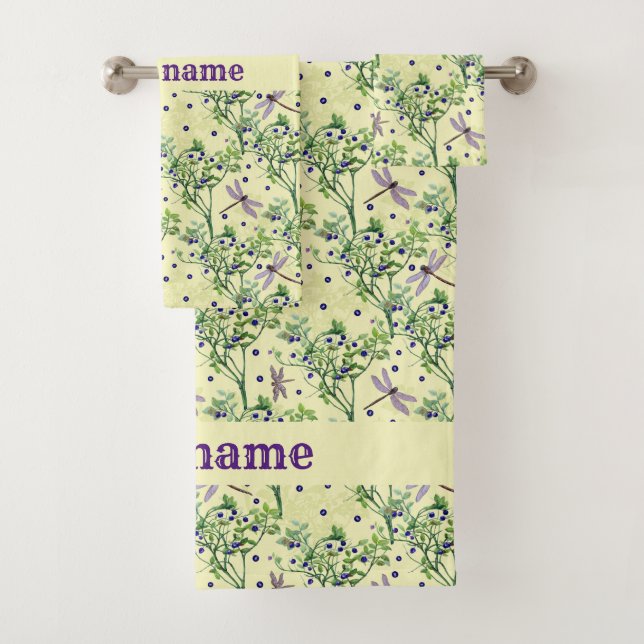 Blueberry pattern with dragonflies bath towel set (Insitu)
