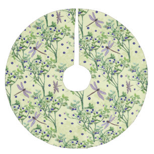 Blueberry pattern with dragonflies brushed polyester tree skirt