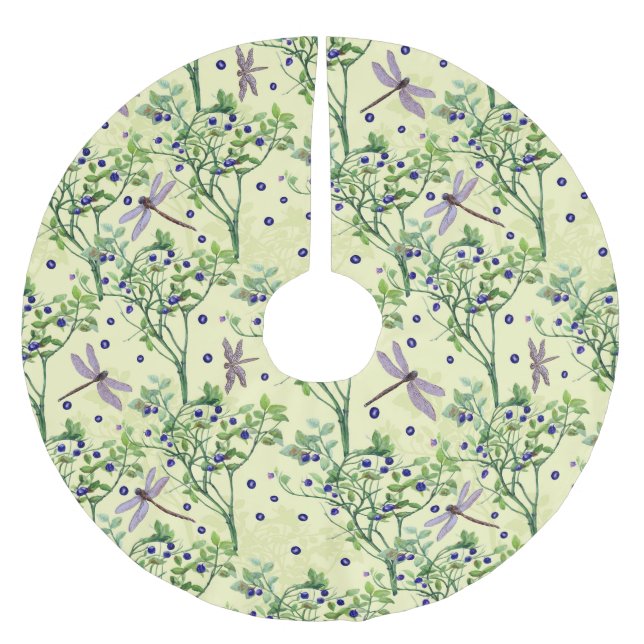 Blueberry pattern with dragonflies brushed polyester tree skirt (Front)