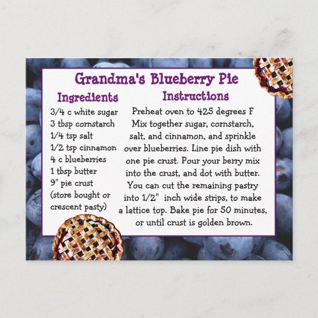 Blueberry Pie Recipe Postcard (Front)