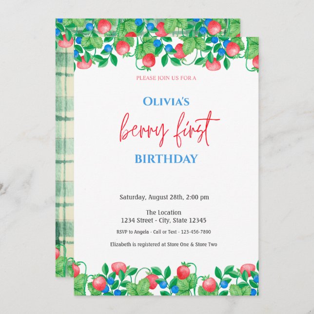 Blueberry Strawberry  Green Plaid 1st Birthday  Invitation (Front/Back)