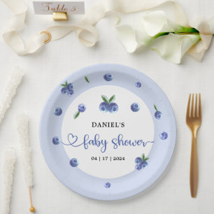 Blueberry Sweet Watercolor Boy Baby Shower Paper Plate