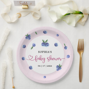 Blueberry Sweet Watercolor Girl Baby Shower Paper Plate