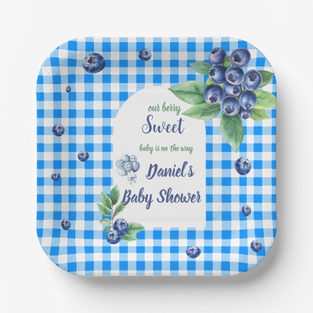 Blueberry-Themed Gingham Watercolor Baby Shower Paper Plate (Front)