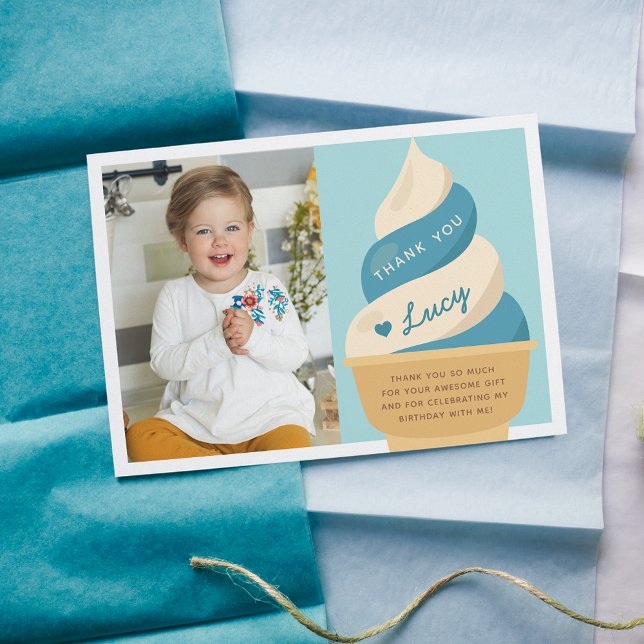 Blueberry Vanilla Ice Cream Kids Birthday Photo Thank You Card (Creator Uploaded)