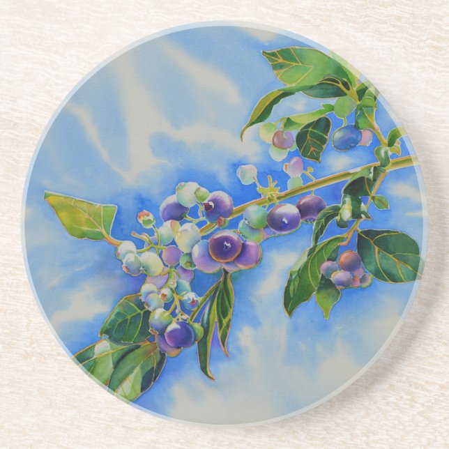 Blueberry watercolor painting coaster (Front)