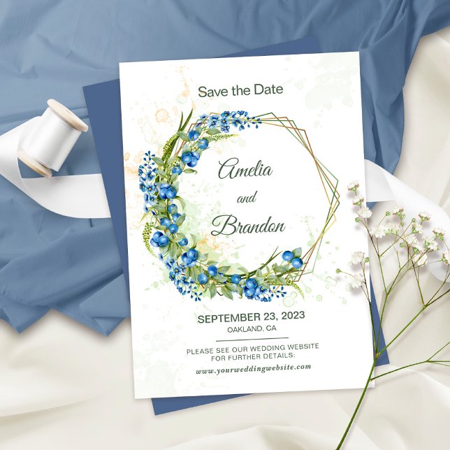 Blueberry Wildflowers Faux Gold Foil Frame Wedding Save The Date (Creator Uploaded)