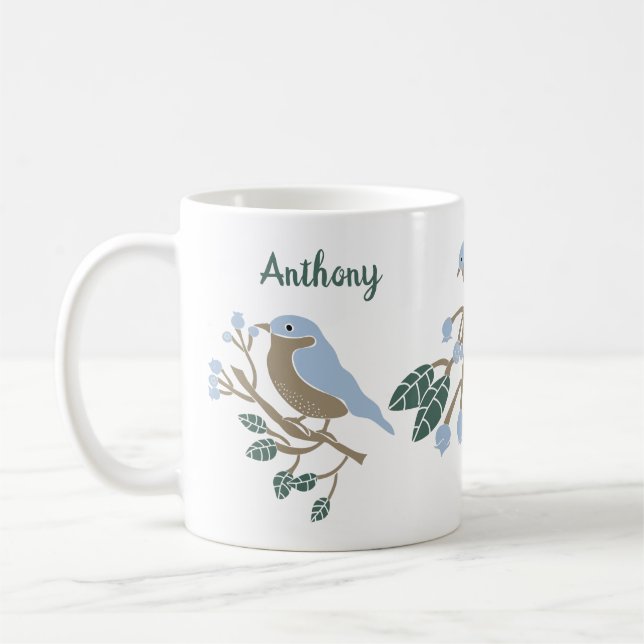 Bluebird and Blueberries Personalised Coffee Mug (Left)