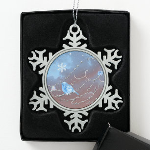Bluebird and Gift Snowflake Pewter Christmas Ornament