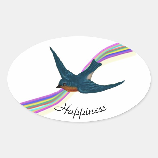 Bluebird and Rainbow, Happiness Oval Sticker (Front)