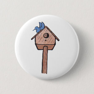 Bluebird Birdhouse...Button... 6 Cm Round Badge