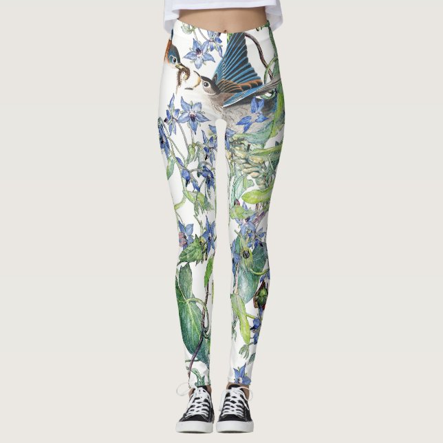 Bluebird Birds Floral All Over Print Leggings (Front)