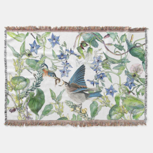 Bluebird Birds Morning Glory Flowers Throw Blanket
