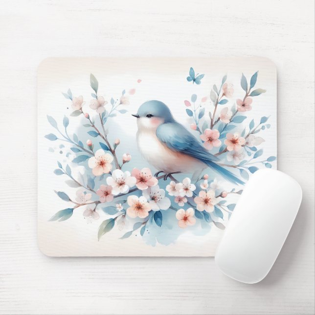 Bluebird Blossom Watercolor Serenity Mouse Pad (With Mouse)