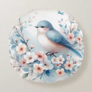 Bluebird Blossom Watercolor Serenity Round Cushion