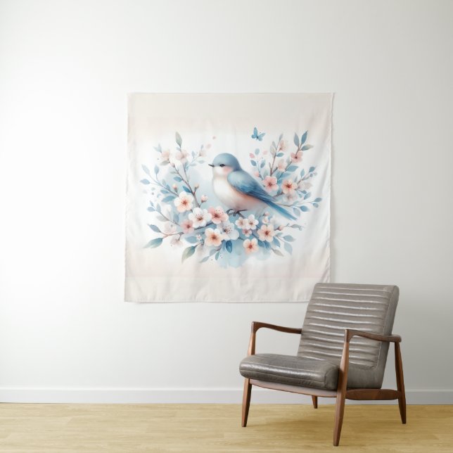 Bluebird Blossom Watercolor Serenity Tapestry (In Situ)