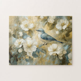 Bluebird Cream White Flowers Painting Jigsaw Puzzle