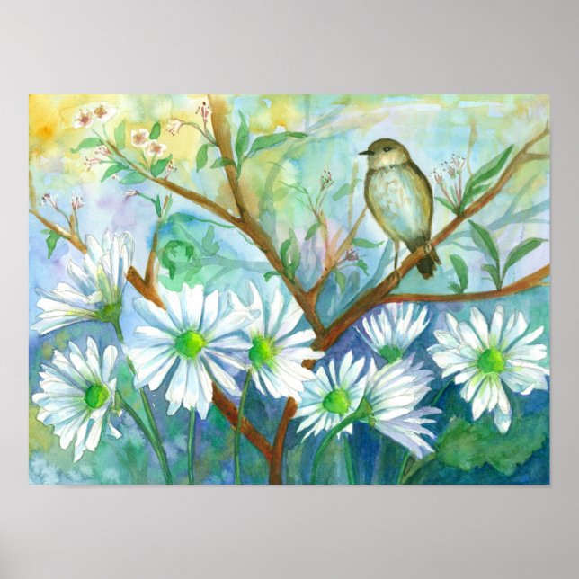 Bluebird Daisy Flower Garden Watercolor Poster (Front)
