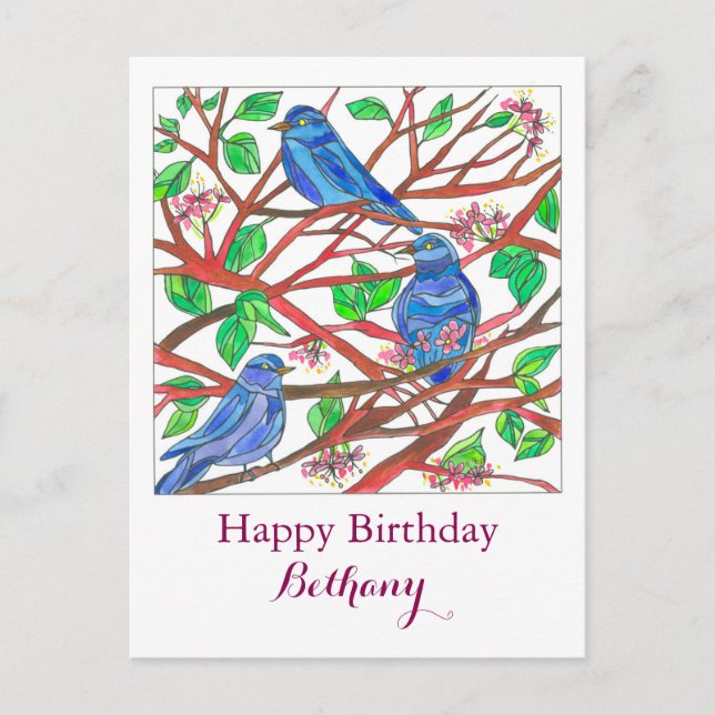 Bluebird Drawing Custom Name Happy Birthday Postcard (Front)