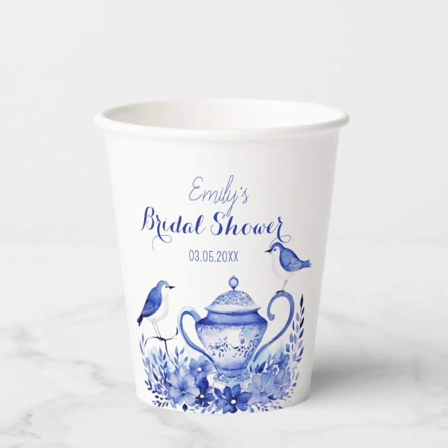 Bluebird Elegance Vintage Personalised Bridal  Paper Cups (Front)