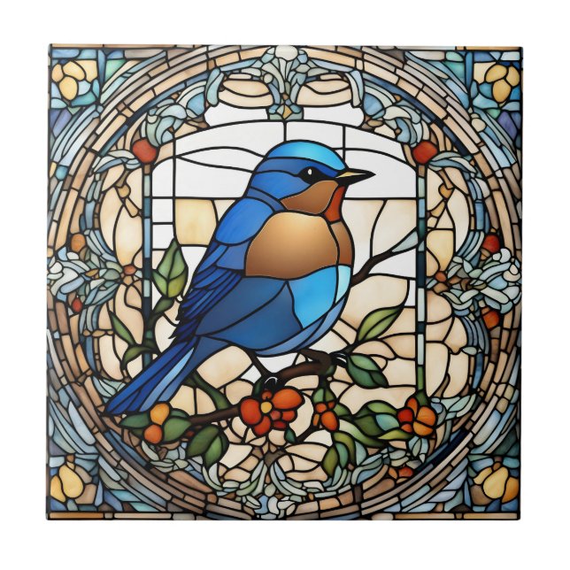 Bluebird Faux Stained Glass Blue Bird Tile (Front)