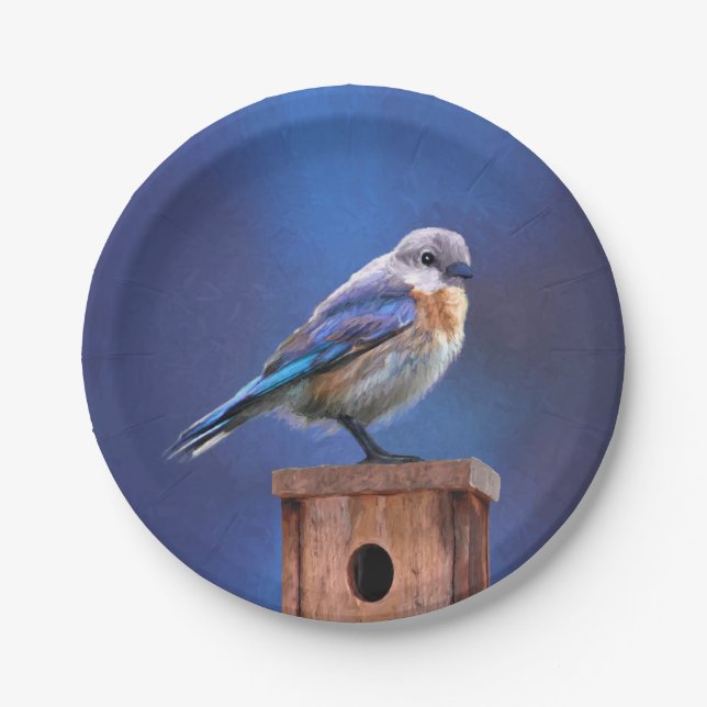 Bluebird (Female) Painting - Original Bird Art Paper Plate (Front)
