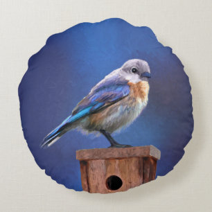 Bluebird (Female) Painting - Original Bird Art Round Cushion