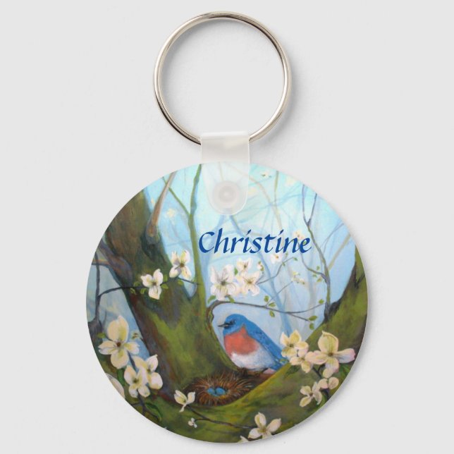 Bluebird Floral Personalised Key Ring (Front)