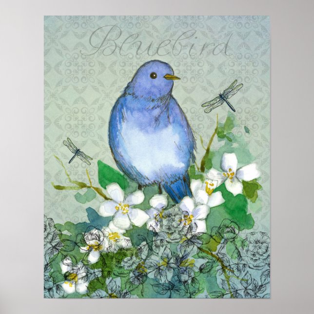 Bluebird Flower Collage Dragonflies Syringa Poster (Front)