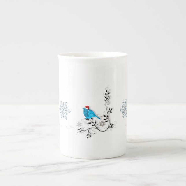 Bluebird in a Santa Hat Bone China Mug (Front)