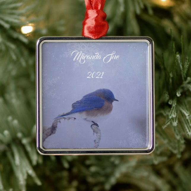 Bluebird in Snowy Winter Trees - Holiday Metal Tree Decoration (Tree)