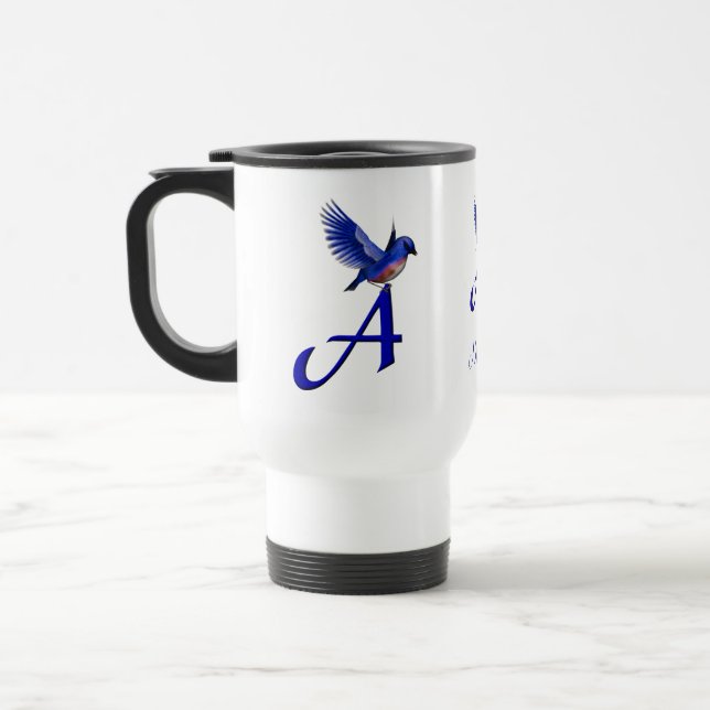 Bluebird Monogram Initial A Elegant Personalised Travel Mug (Left)