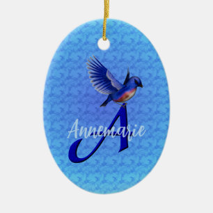 Bluebird Monogram Initial A Personalised Ceramic Tree Decoration