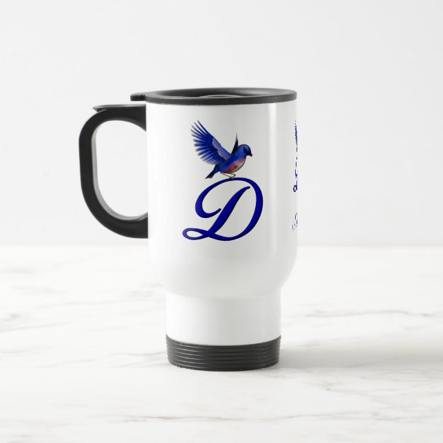 Bluebird Monogram Initial D Elegant Personalised Travel Mug (Left)