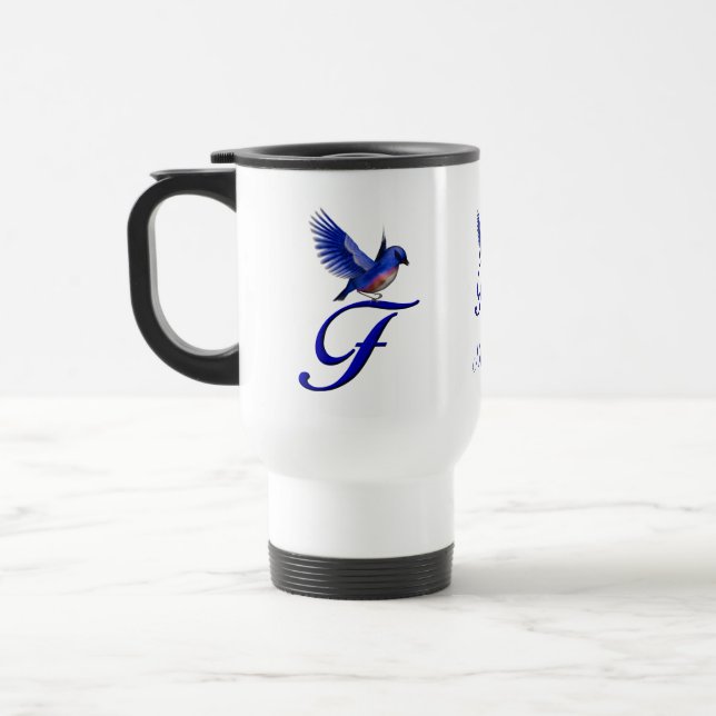 Bluebird Monogram Initial F Elegant Personalised Travel Mug (Left)