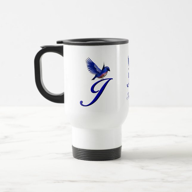 Bluebird Monogram Initial J Elegant Personalised Travel Mug (Left)