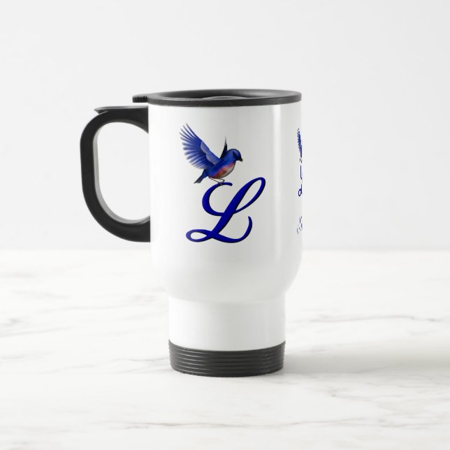 Bluebird Monogram Initial L Elegant Personalised Travel Mug (Left)