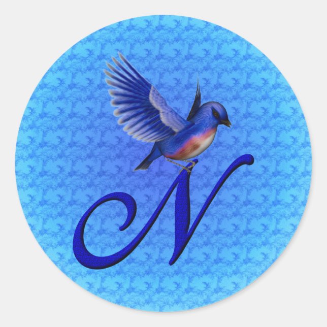 Bluebird Monogram Initial N Elegant Classic Round Sticker (Front)