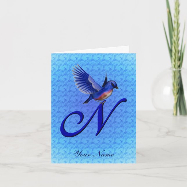 Bluebird Monogram Initial N Personalised Note Card (Front)