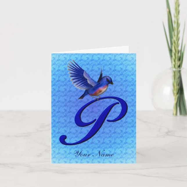 Bluebird Monogram Initial P Personalised Note Card (Front)
