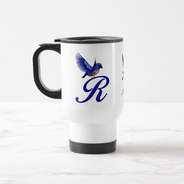 Bluebird Monogram Initial R Elegant Personalised Travel Mug (Left)